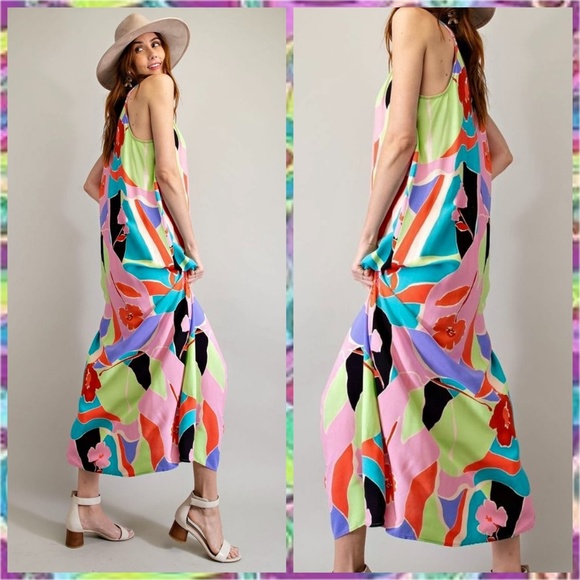📌 EASEL Tropical Pucci-Like Floral Print Flowy Maxi Cami Dress Adjustable Straps - Picture 4 of 16
